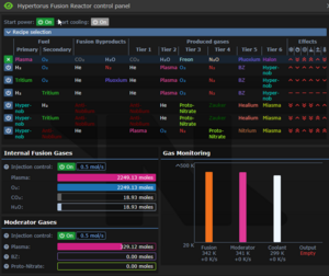 Hypertorus Fusion Reactor interface. Power is on, Recipe is selected, Fuel and moderator is added.